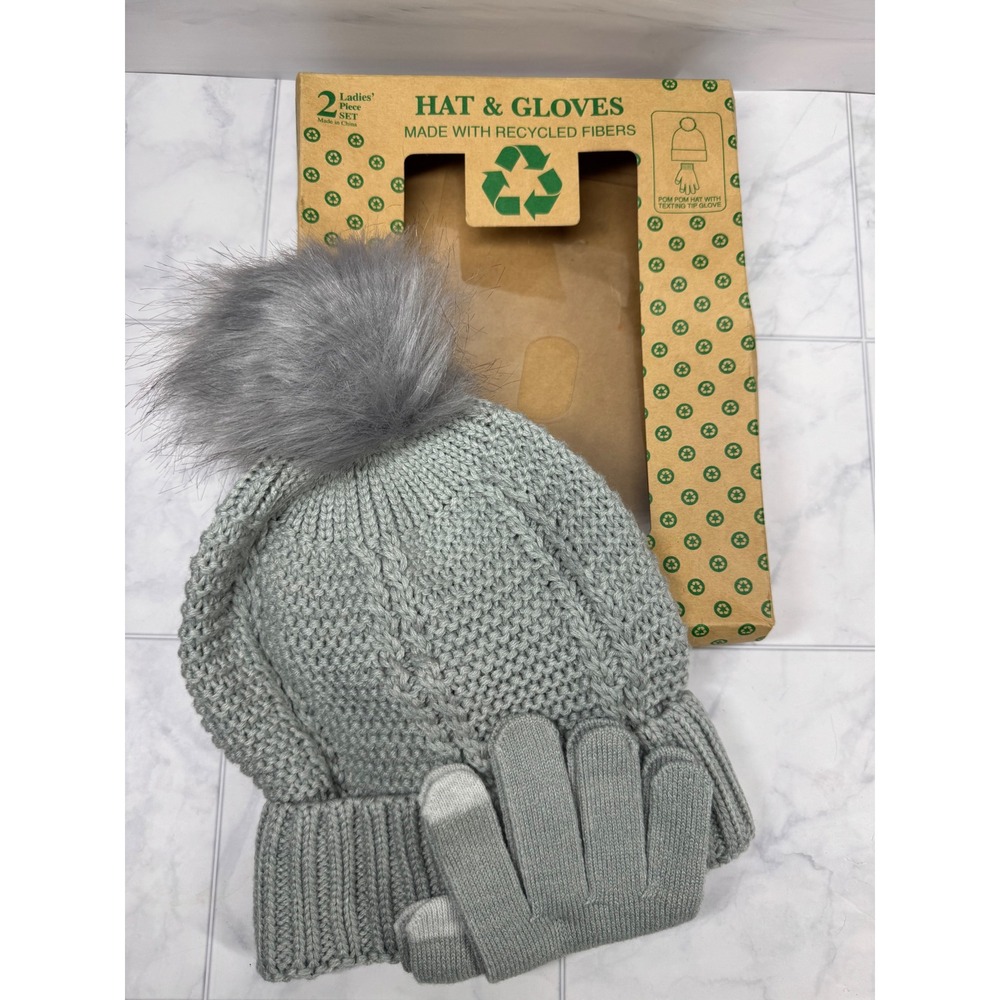 Winter Essentials Gray Recycled Fiber Pom Beanie and Texting Gloves Set 2pc